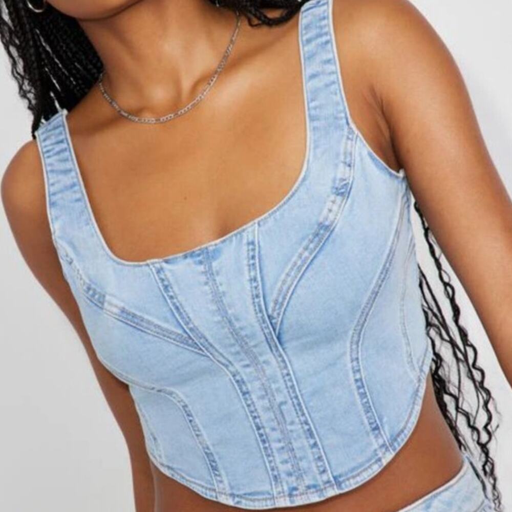 Garage Light Wash Denim Corset Crop Top  Structured Seam Detail Festival Boho M